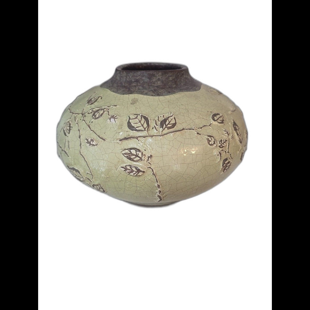 Samaco Pottery Vase Made In Phillipines Leaf Design Green